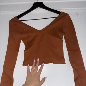 2/$15 Brown Fitted Crop Blouse with V-Neck